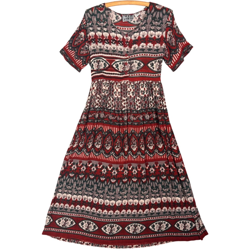 MPH Vintage Boho Floral Rayon Midi Prairie Dress Red Black Large Short Sleeve